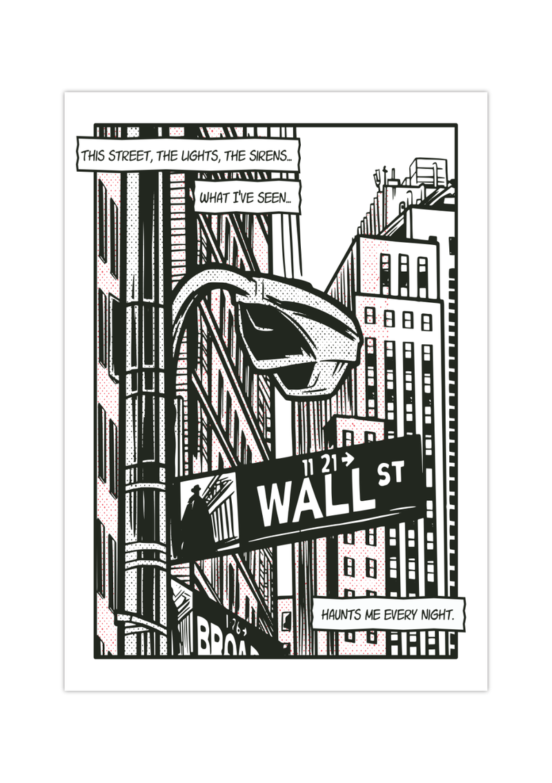Tolles Poster der New Yorker Wallstreet im Comic/Pop Art Stil. Dieses Börsenposter ist das richtige Geschenk für alle Aktionäre, Börsianer, Investoren und Day Trader.