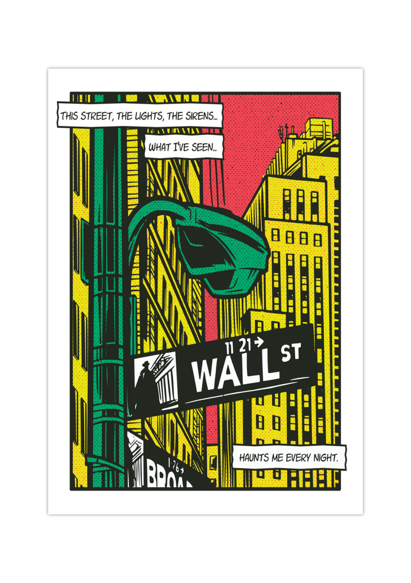 Tolles Poster der New Yorker Wallstreet im Comic/Pop Art Stil. Dieses Börsenposter ist das richtige Geschenk für alle Aktionäre, Börsianer, Investoren und Day Trader.