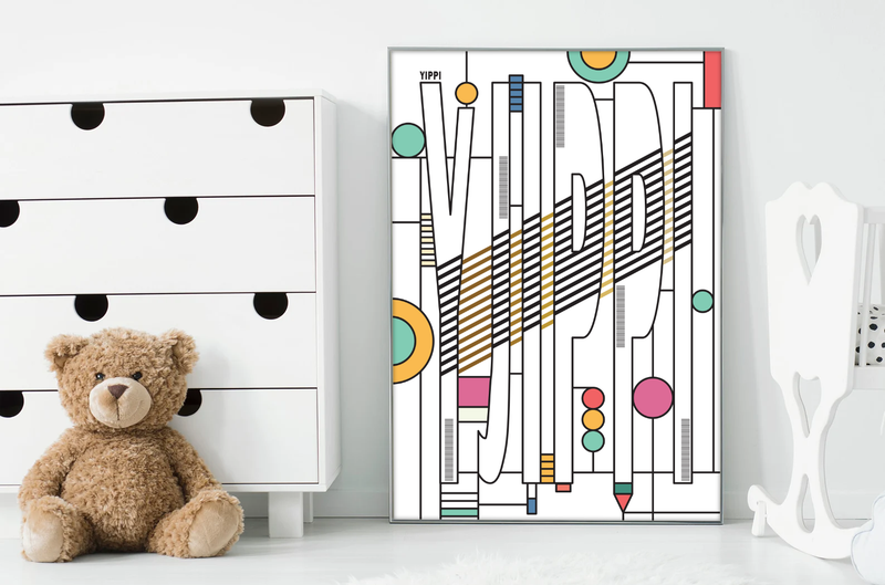 Dieses Poster zeigt dir das Wort "Yippi". In tollen Farben und geometrischen Darstellungen passt es perfekt in jedes freundlich gestaltet Zimmer, so wie Kinderzimmer oder Spielzimmer.