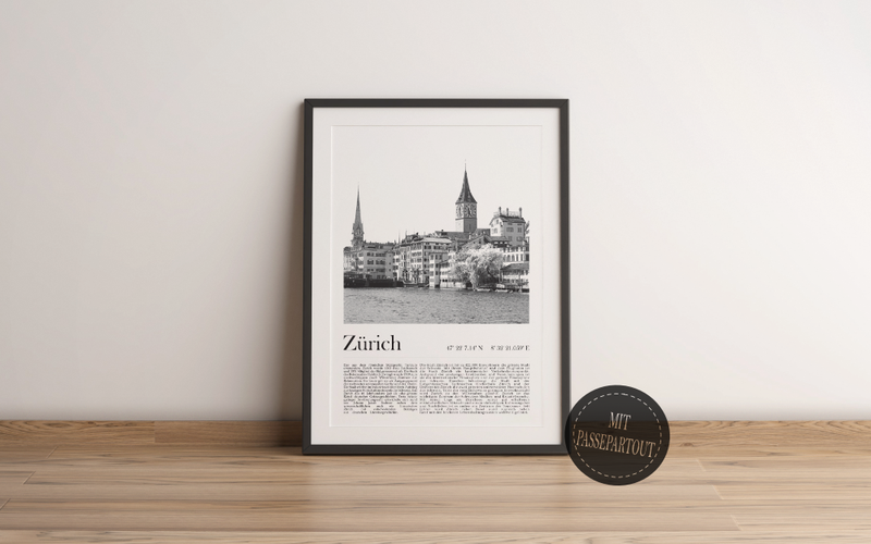 Dieses Poster zeigt dir eine Ansicht der Stadt Zürich, oder auf schweizerisch Züri, in Schwarz/Weiß.