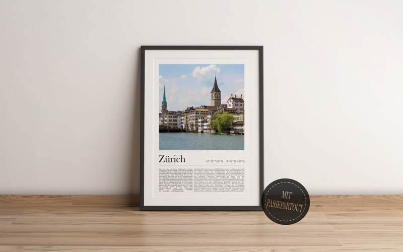 Dieses Poster zeigt dir eine Ansicht der Stadt Zürich, oder auf schweizerisch Züri, in Farbig.