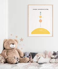 Das Poster zeigt Unser Sonnensystem für das Kinderzimmer. 