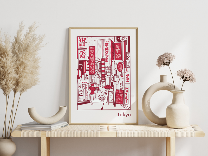 Dieses schöne Poster ist eine Zeichnung von Tokio. 