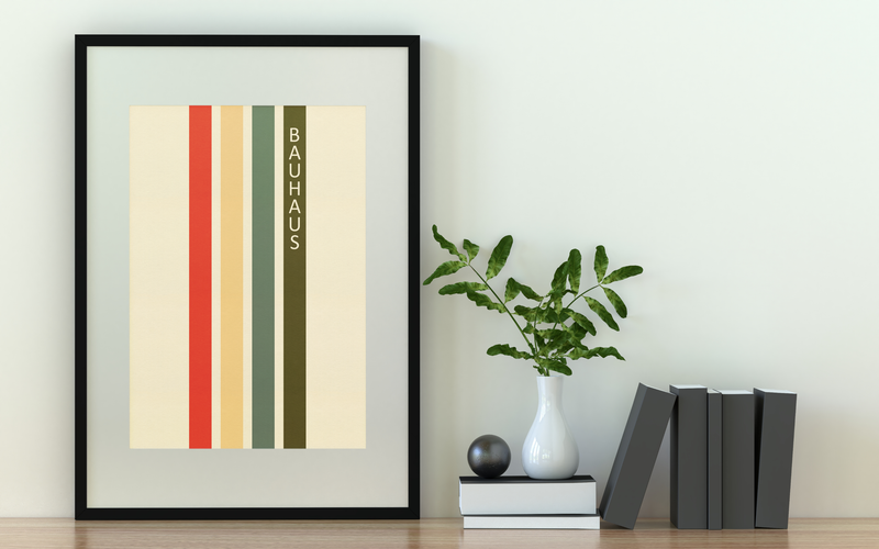Dieses Bauhaus Poster zeigt dir eine vier Rechtecke in Rot, Gelb, Grün und Braun. Das Poster ist einem Ausstellungsplakat nachempfunden, ist so aber nie erschienen.