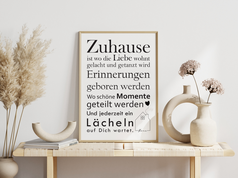 Dieses Poster zeigt verschiedene Wörter und Sätze, die dein Zuhause beschreiben. Das perfekte Bild zum Umzug, Einzug oder als Geschenk zum Richtfest.