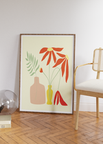 Das Poster zeigt zwei abstrakt dargestellte Vasen mit Blumen, im minimalistischen Design.