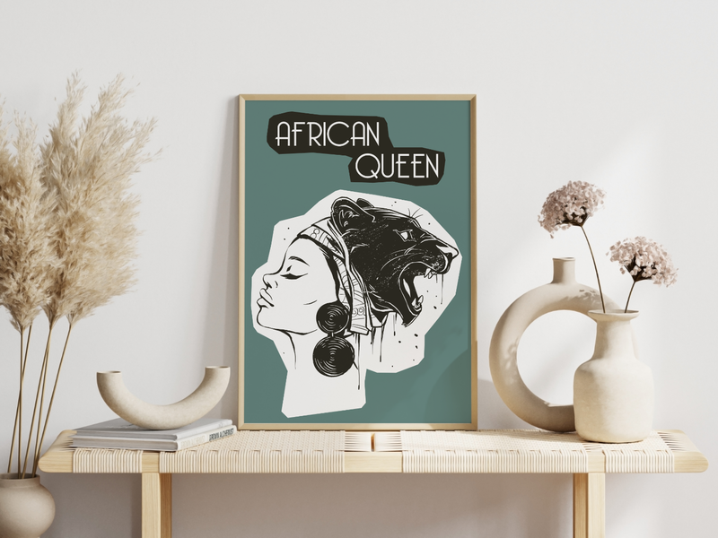 Das Poster zeigt eine afrikanische Frau in schwarz-weißer Farbgebung