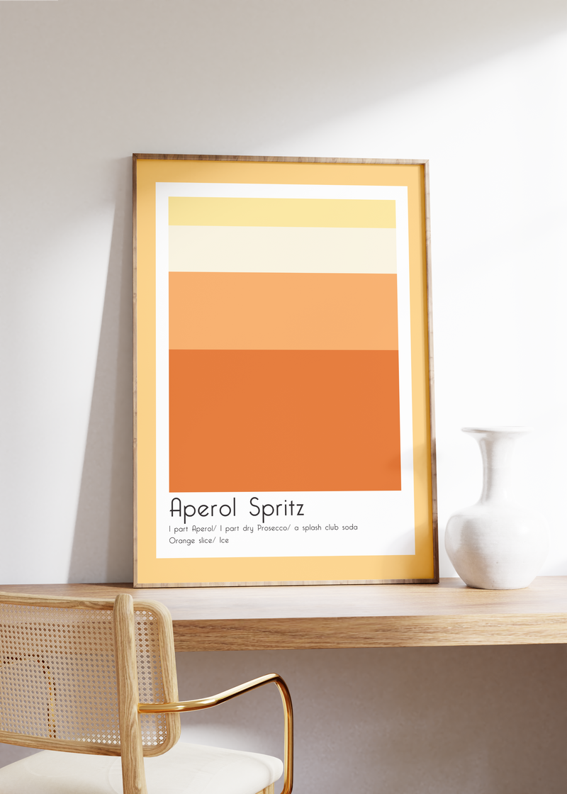 Dieses Poster für die Küche zeigt dir den Cocktail Aperol Spritz inklusive des Rezeptes, in verschiedenen Rot- und Orangetönen.