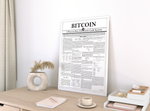 Poster der Kryptowährung Bitcoin und mit dem Whitepaper von Satoshi Nakamoto, für alle Bitcoin-Enthusiasten, Trader, Aktionäre, Banker, und Wertpapierhändler.