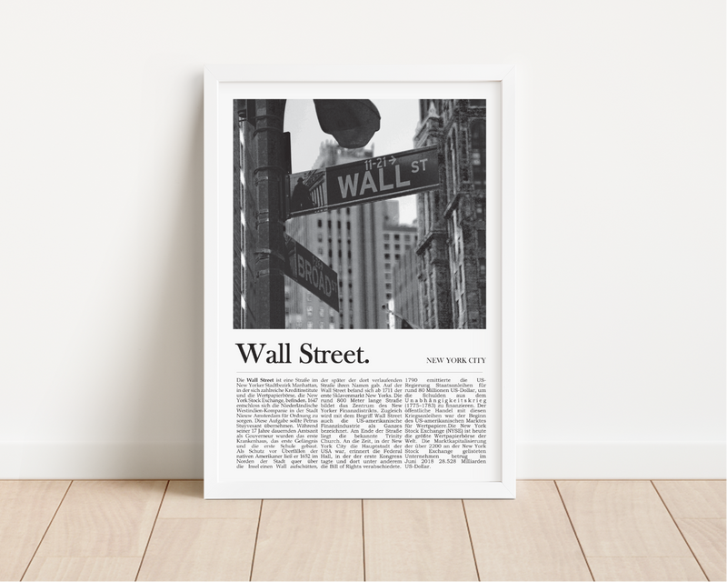 Dieses Aktienposter mit einem schwarz weiß Foto der Wall Street in New York, ist die perfekte Wanddeko für Büros von Aktionären, Wertpapierhändlern, Investoren, Vermögensberatern etc..