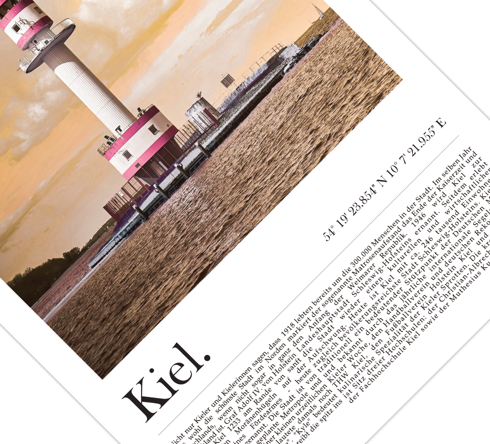 Dieses tolle Poster zeigt dir den Leuchtturm der Landeshauptstadt Kiel der in der Ostsee im Bereich der Kieler Außenförde steht. 