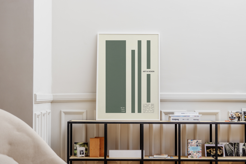 Das minimalistische Poster zeigt verschieden große, grüne Rechtecke. Zusätzlich enthält das Poster die Inschrift Art & Design, sowie eine kurze Beschreibung zum Minimalismus.