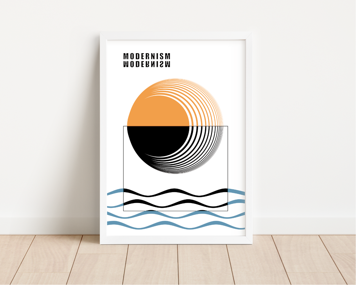 Das Poster zeigt eine minimalistische Darstellung von geometrischer Kunst mit Kreisen, Wellen und dem Wort Minimalism.