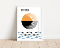 Das Poster zeigt eine minimalistische Darstellung von geometrischer Kunst mit Kreisen, Wellen und dem Wort Minimalism.
