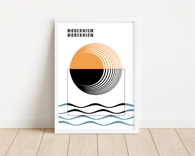 Das Poster zeigt eine minimalistische Darstellung von geometrischer Kunst mit Kreisen, Wellen und dem Wort Minimalism.