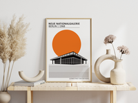 Dieses Poster zeigt die Neue Nationalgalerie im Bauhausstil, das Gebäude wurde von Ludwig Mies van der Rohe entworfen und 1968 in Berlin eröffnet.