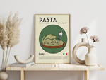 Dieses zeitgenössische Poster zeigt italienische Pasta Nudeln, mit der italienischen Flagge und eine kurze Erläuterung der Geschichte der Pasta.