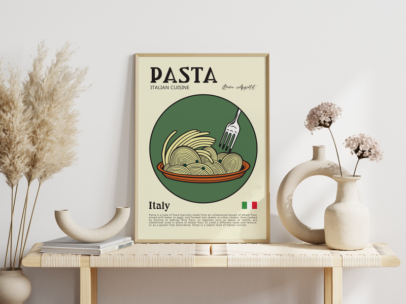 Dieses zeitgenössische Poster zeigt italienische Pasta Nudeln, mit der italienischen Flagge und eine kurze Erläuterung der Geschichte der Pasta.