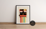 Das Poster zeigt eine alte Polaroidkamera mit einem Regenbogen als Bildausgabe. 
