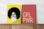 Das Pop Art Poster zeigt eine Frau mit Afro und Brille im 70er Jahre Look auf der die Brillengläser mit den Worten Girl Power beschrieben sind. 