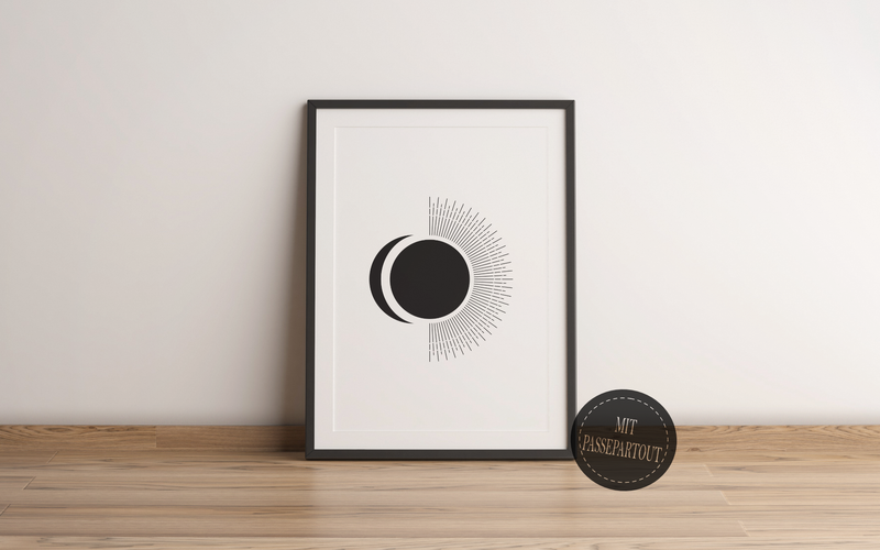 Dieses Mid-Century Poster zeigt die Sonne und den Mond in Schwarz und Weiß.