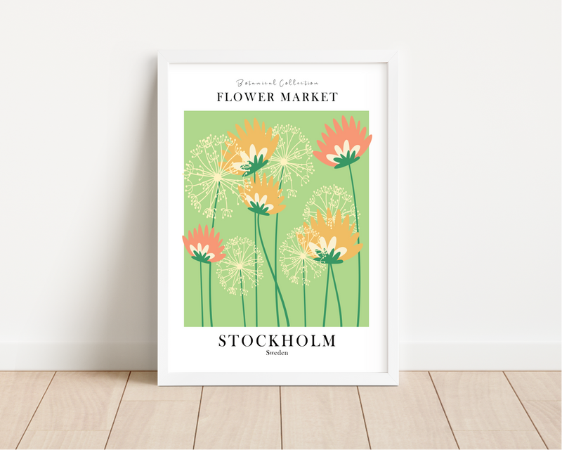 Das Poster ist ein fiktives Bild des Blumenmarktes in Stockholm, Schweden. In schönem Grün und Weiß ist es die perfekte Wanddeko für deine Küche oder Esszimmer.