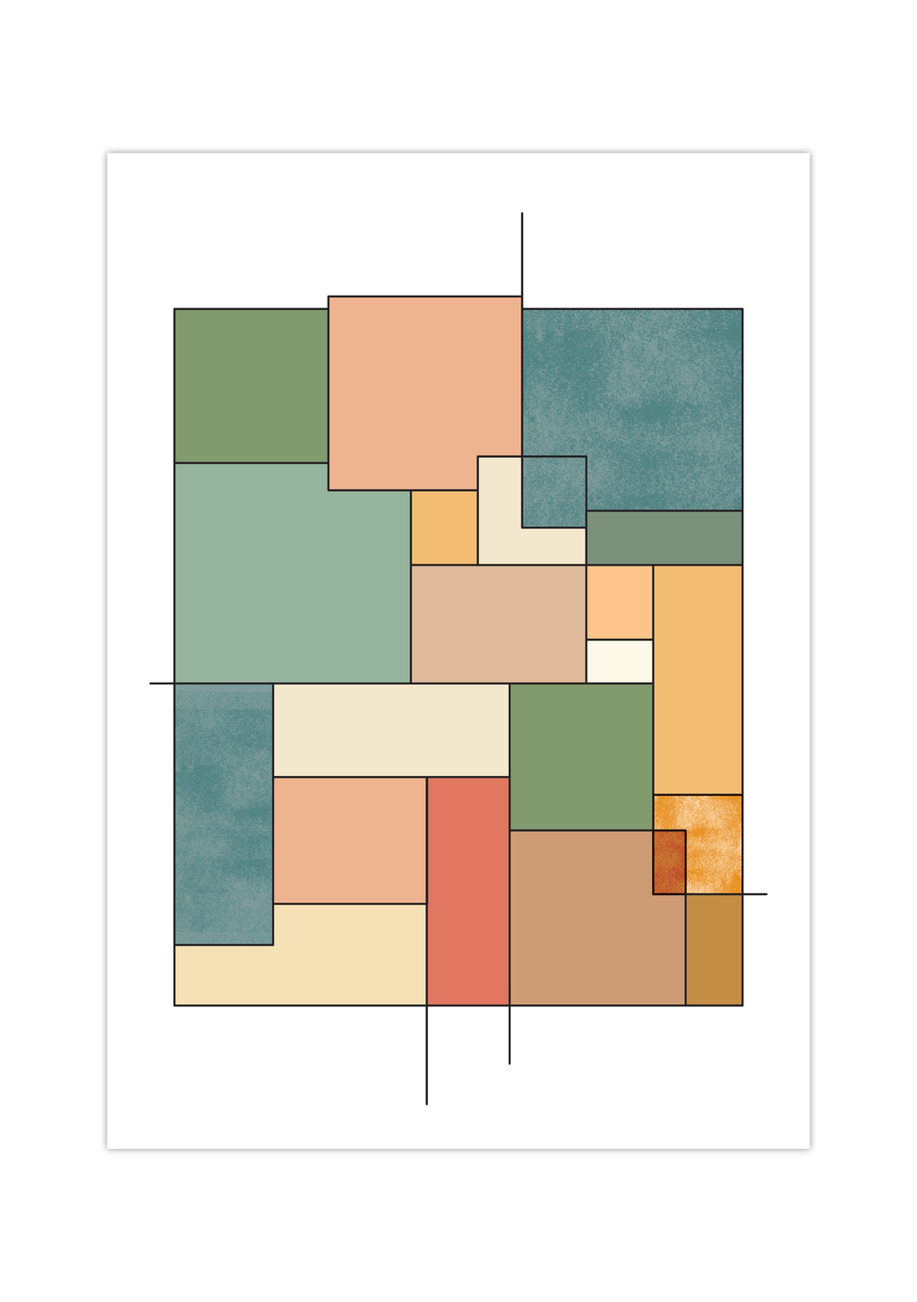 Das minimalistische Poster zeigt verschiedene Rechtecke in Vintagefarben. Diese geometrische Kunst in schönen Farben passt ideal in jeden Raum.