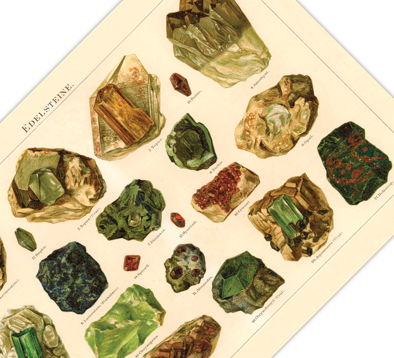 Das Poster von Kristallen ist eine Vintage Lithographie aus Meyers Koversations-Lexikon aus dem Jahr 1890 im viktorianischen Stil.