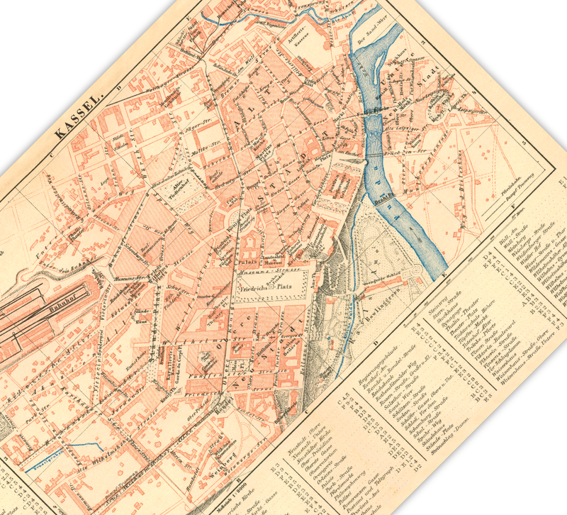 Das Poster einer Karte von Kassel ist eine Vintage Lithographie aus Meyers Koversations-Lexikon aus dem Jahr 1890