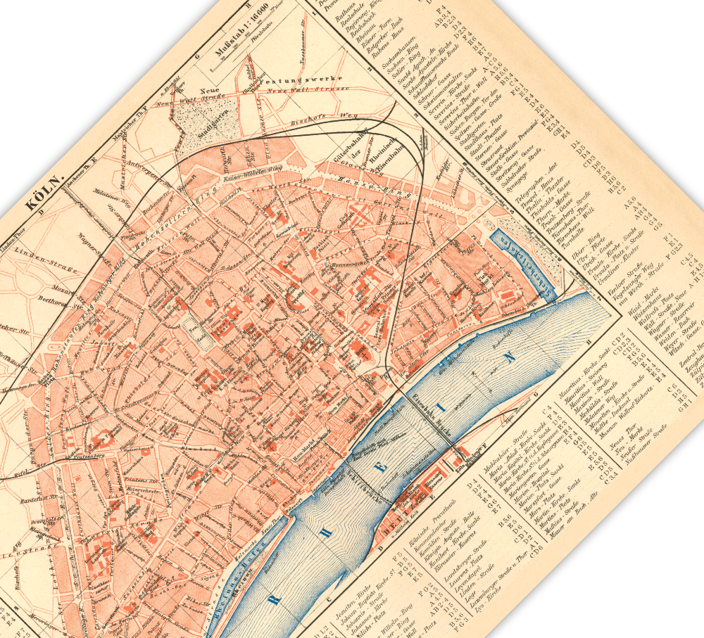 Das Poster einer Karte von Köln ist eine Vintage Lithographie aus Meyers Koversations-Lexikon aus dem Jahr 1890.