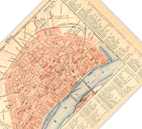 Das Poster einer Karte von Köln ist eine Vintage Lithographie aus Meyers Koversations-Lexikon aus dem Jahr 1890.