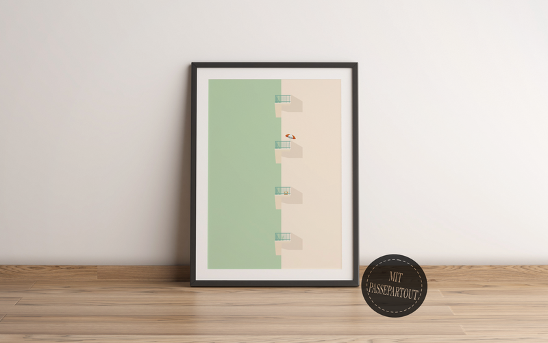 Das Poster zeigt dir ein minimalistisch dargestelltes Haus mit Balkonen.