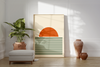Dieses schöne Poster zeigt einen Sonnenaufgang in beige, grün und orange. 