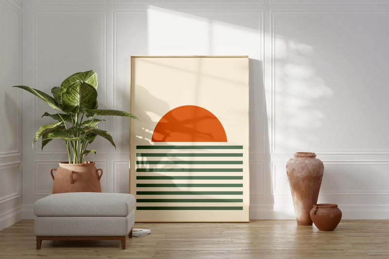 Dieses schöne Poster zeigt einen Sonnenaufgang in beige, grün und orange. 