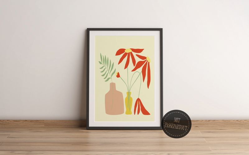 Das Poster zeigt zwei abstrakt dargestellte Vasen mit Blumen, im minimalistischen Design.