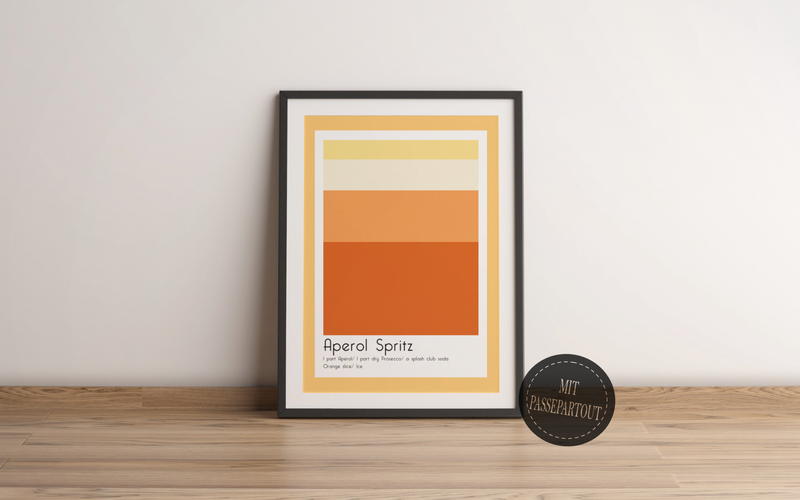 Dieses Poster für die Küche zeigt dir den Cocktail Aperol Spritz inklusive des Rezeptes, in verschiedenen Rot- und Orangetönen.