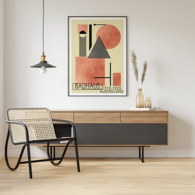 Das Bauhaus Poster zeigt dir unterschiedlichen geometrischen Formen in Orange und Schwarz dargestellt. 