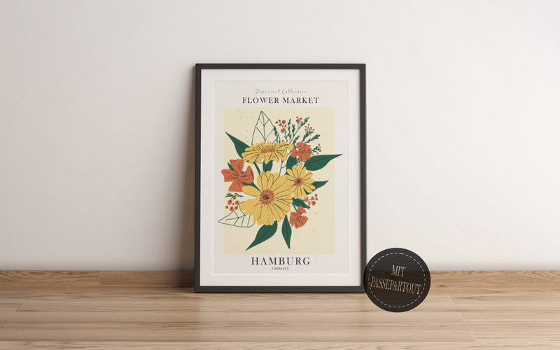 Das Küchenposter ist ein fiktives Bild des Blumenmarktes in Hamburg. In schönem beige ist es die perfekte Wanddeko für deine Küche oder Esszimmer