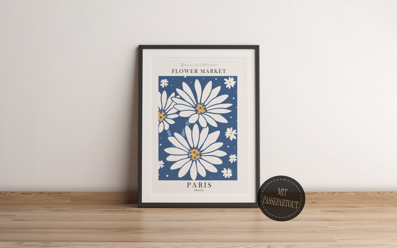 Das blaue Küchenposter ist ein fiktives Bild des Blumenmarktes in Paris.