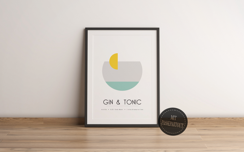 Dieses Poster für die Küche zeigt dir den Cocktail Gin Tonic inklusive des Rezeptes, in Gelb, Grau und Blau.