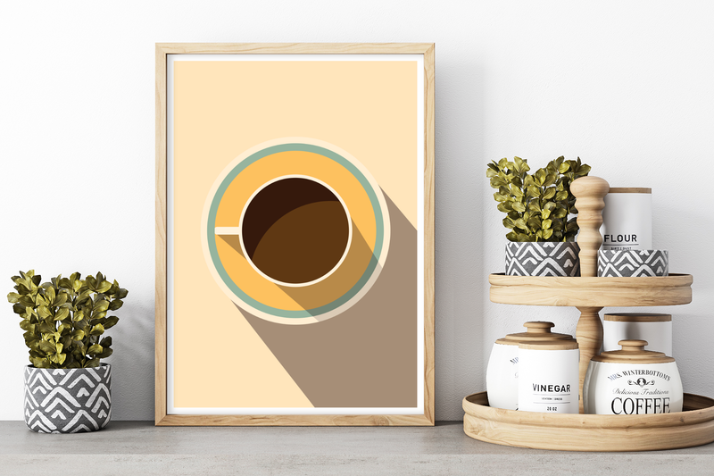 Dieses Poster für die Küche stellt zeigt eine minimalistisch dargestellte Kaffeetasse in Braun und Beige. Das Bild ist die ideale Wanddeko für die Küche oder das Esszimmer.