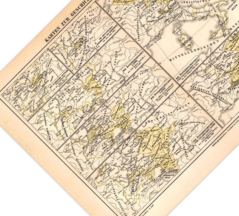 Das Poster einer Karte zur Geschichte Österreich-Ungarns ist eine Vintage Lithographie aus Meyers Koversations-Lexikon aus dem Jahr 1890.