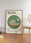 Dieses zeitgenössische Poster zeigt italienische Pasta Nudeln, mit der italienischen Flagge und eine kurze Erläuterung der Geschichte der Pasta.