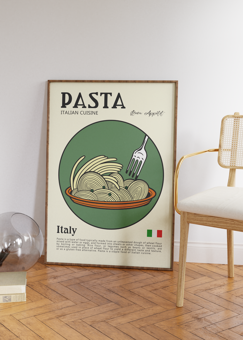 Dieses zeitgenössische Poster zeigt italienische Pasta Nudeln, mit der italienischen Flagge und eine kurze Erläuterung der Geschichte der Pasta.