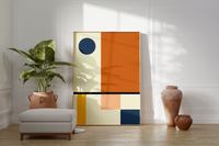 Dieses Poster zeigt dir eine moderne, geometrische Darstellung in Orange, Blau, Gelb und Beige. 