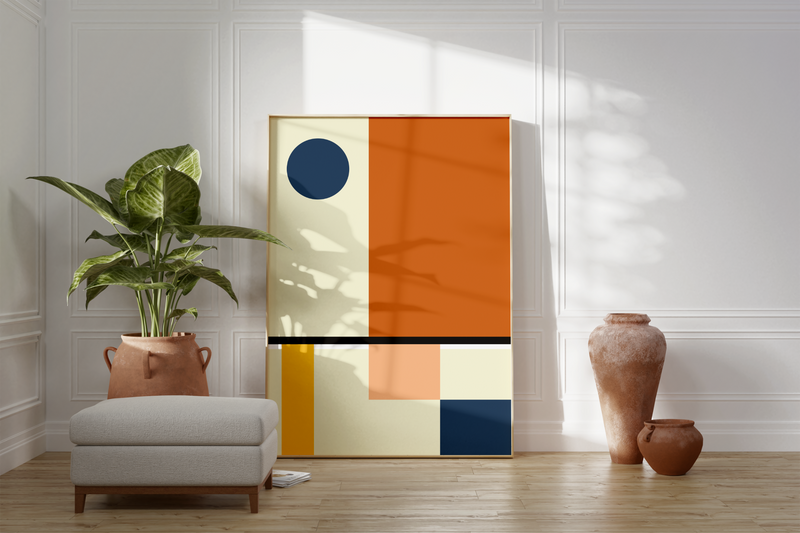 Dieses Poster zeigt dir eine moderne, geometrische Darstellung in Orange, Blau, Gelb und Beige. 