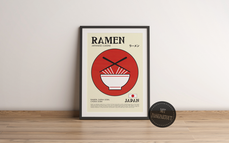 Dieses zeitgenössische Poster zeigt japanische Ramen-Nudeln, mit den Schriftzeichen für Ramen, der japanischen Flagge und eine kurze Erläuterung, was Ramen ist. 