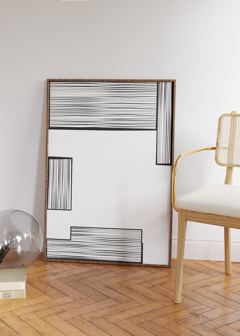 Dieses Poster zeigt dir eine moderne, minimalistische, geometrische Darstellung von grauen Rechtecken mit verschieden starken Strichen.