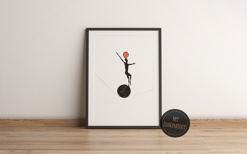 Dieses Poster zeigt einen Seiltänzer der über ein Seil auf der Erde tanzt und eine Orange Kugel auf dem jongliert.