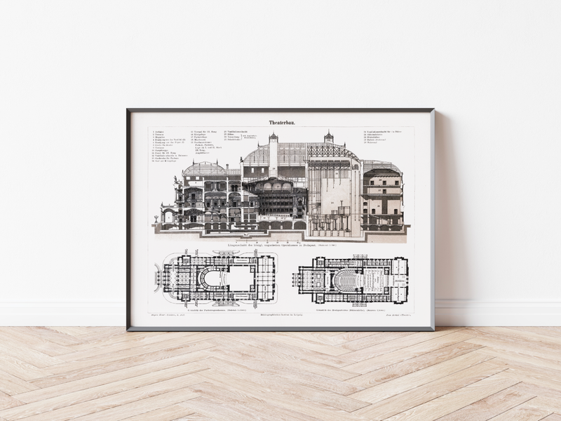 Das Poster zum Aufbau eine Theaters  (hier das ungarische Opernhaus in Budapest) ist eine Vintage Lithographie aus Meyers Koversations-Lexikon aus dem Jahr 1890. 